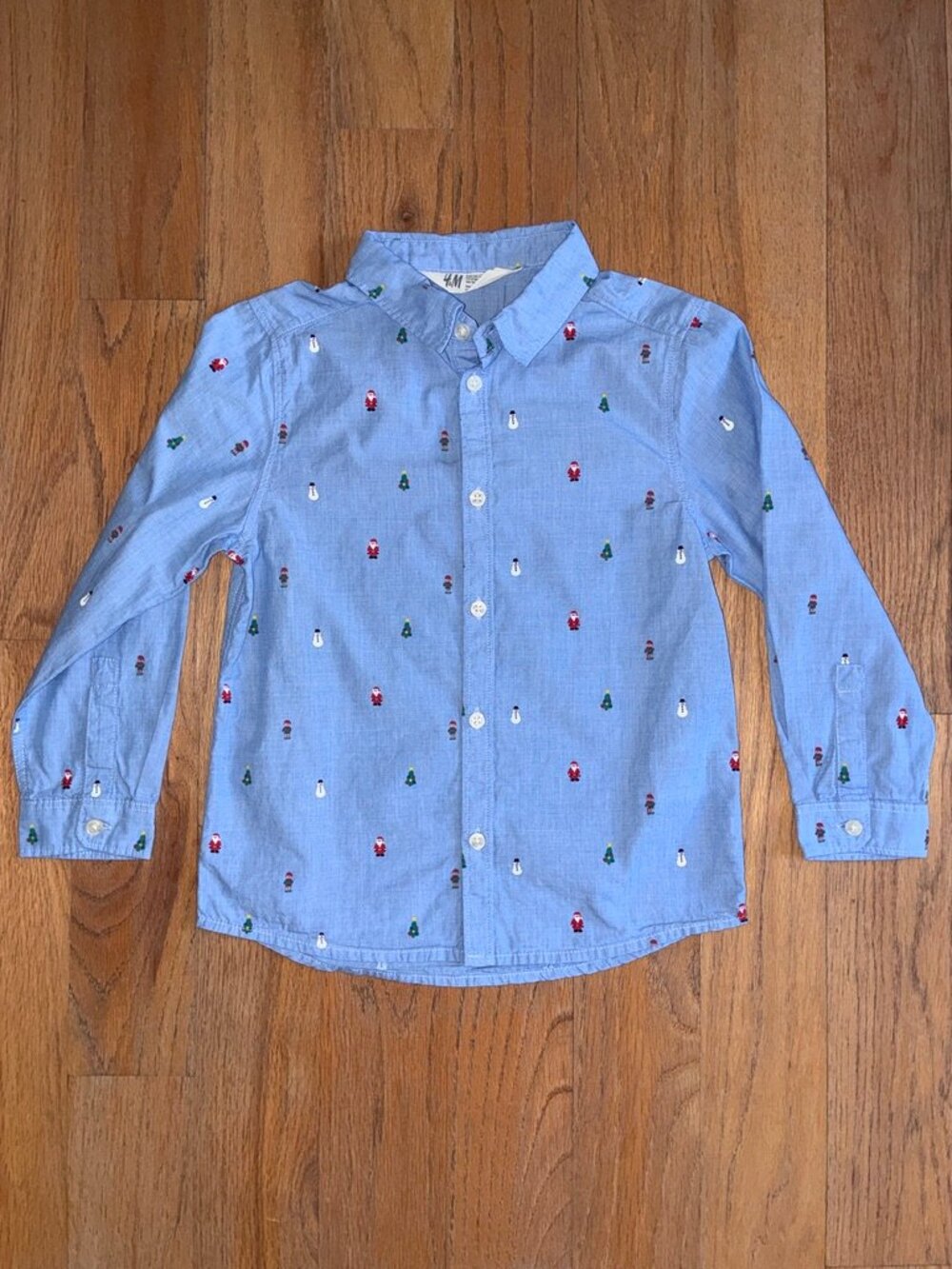 H&M Boys Blue Christmas Santa Snowman Button-Up Shirt 5-6Y